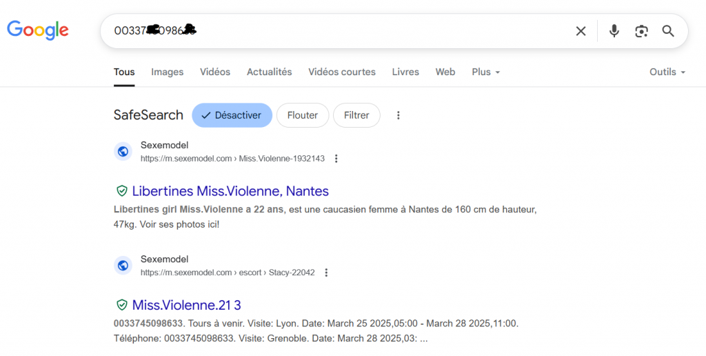 Prostitution à Nantes ; verification du numéro de téléphone